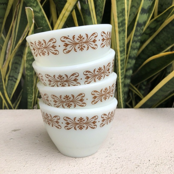 Pyrex Copper Filigree Brown Sugar Bowl Bouillon Cup Small Dish Set Of 4 Vintage - Picture 5 of 5